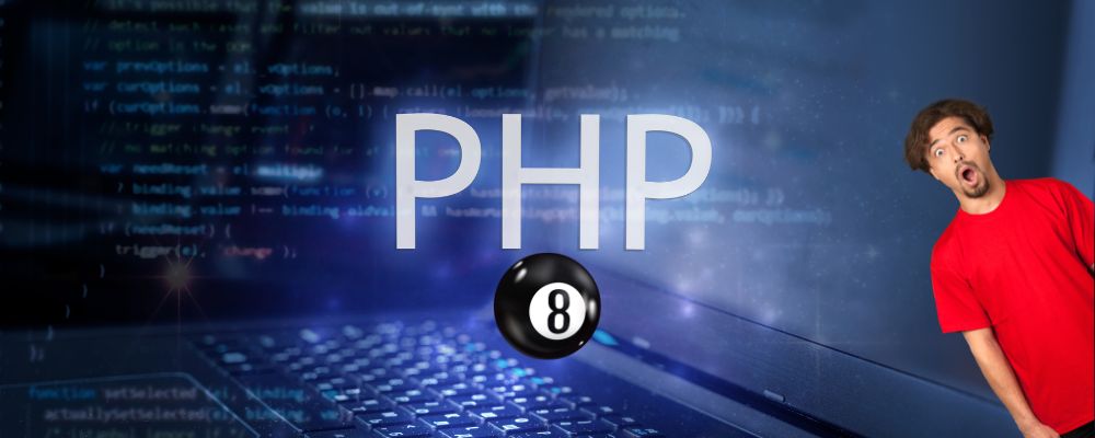 Image of laptop with coding in background and "PHP" in foreground with 8-ball.