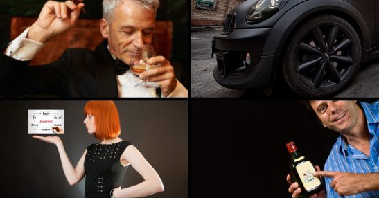 Image with 4 quadrants showing a gentleman sipping bourbon, a vehicle tire, a red-haired woman looking at advertising, and a man holding a bottle of liquor